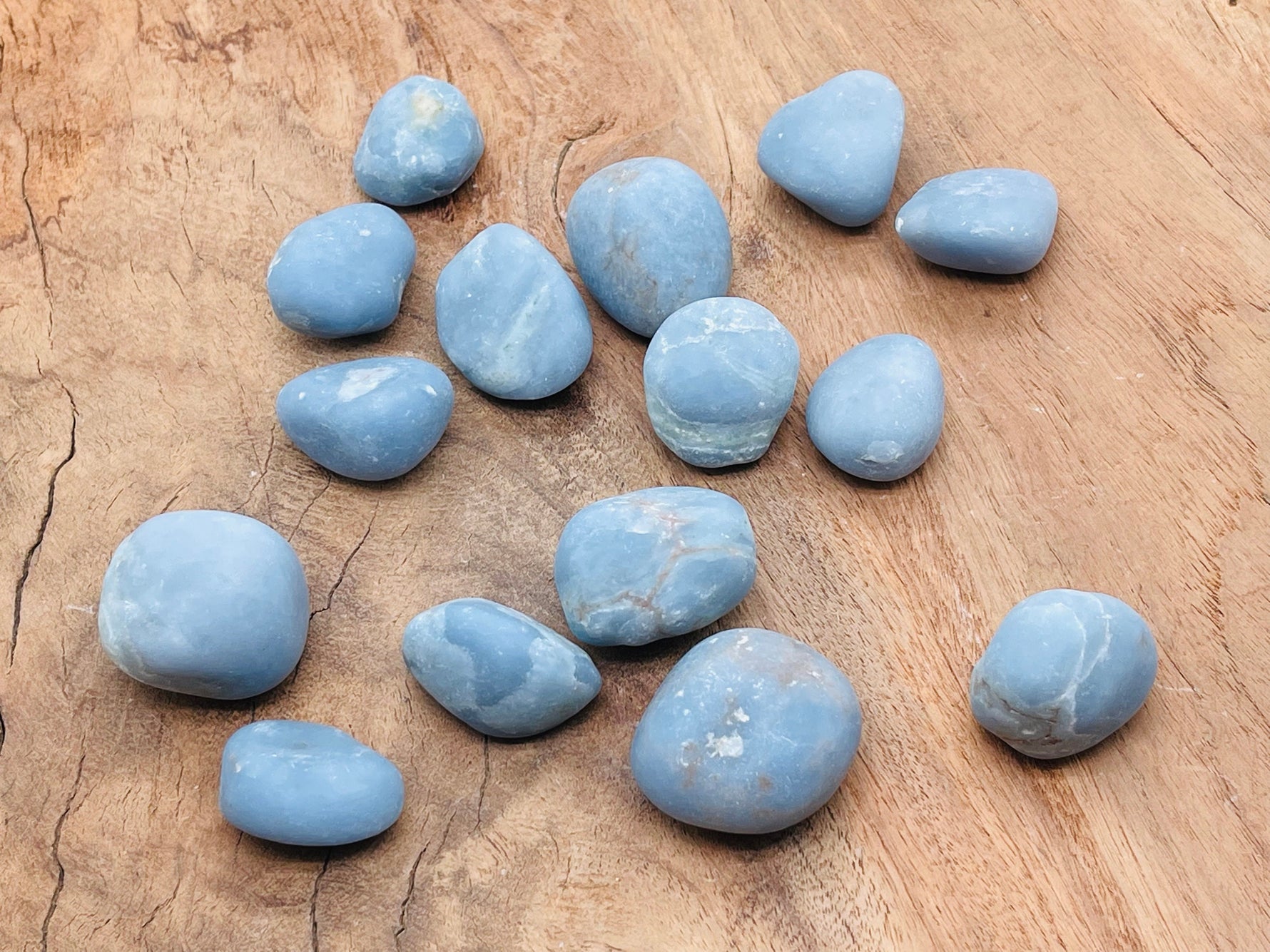 Angelite tumbled stone from GemstoneGO, showing smooth, light blue mineral with natural patterns and glossy polished finish.