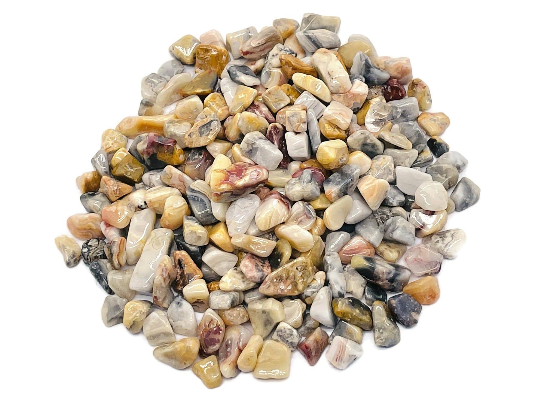 Crazy Lace Agate crystal chips from GemstoneGO, 5-7mm semi-tumbled Mexican agate stones for jewelry making and crafts.