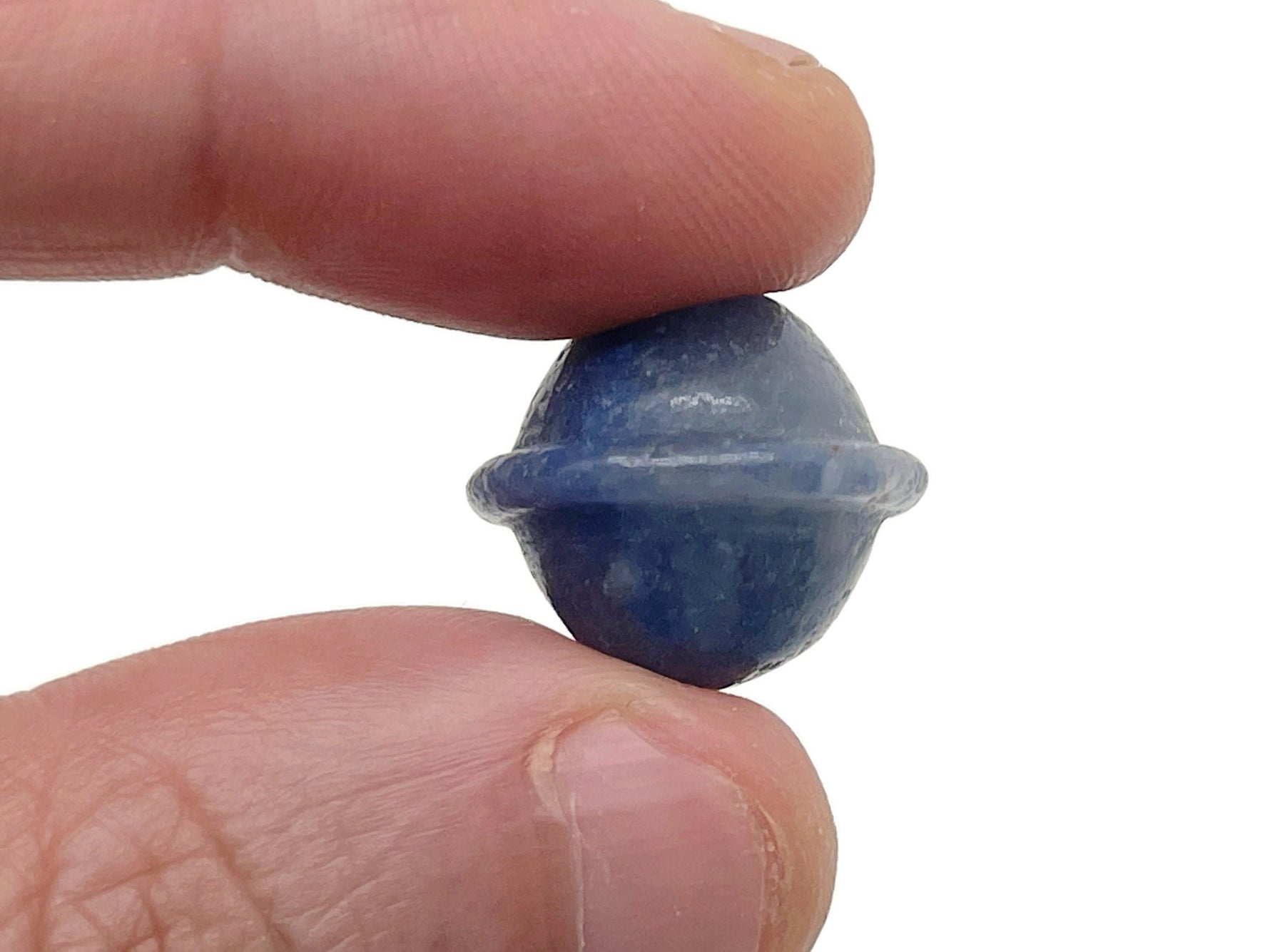 Blue aventurine Saturn crystal gemstone carved as a mini planet, 18mm, with detailed planetary rings and smooth surface.