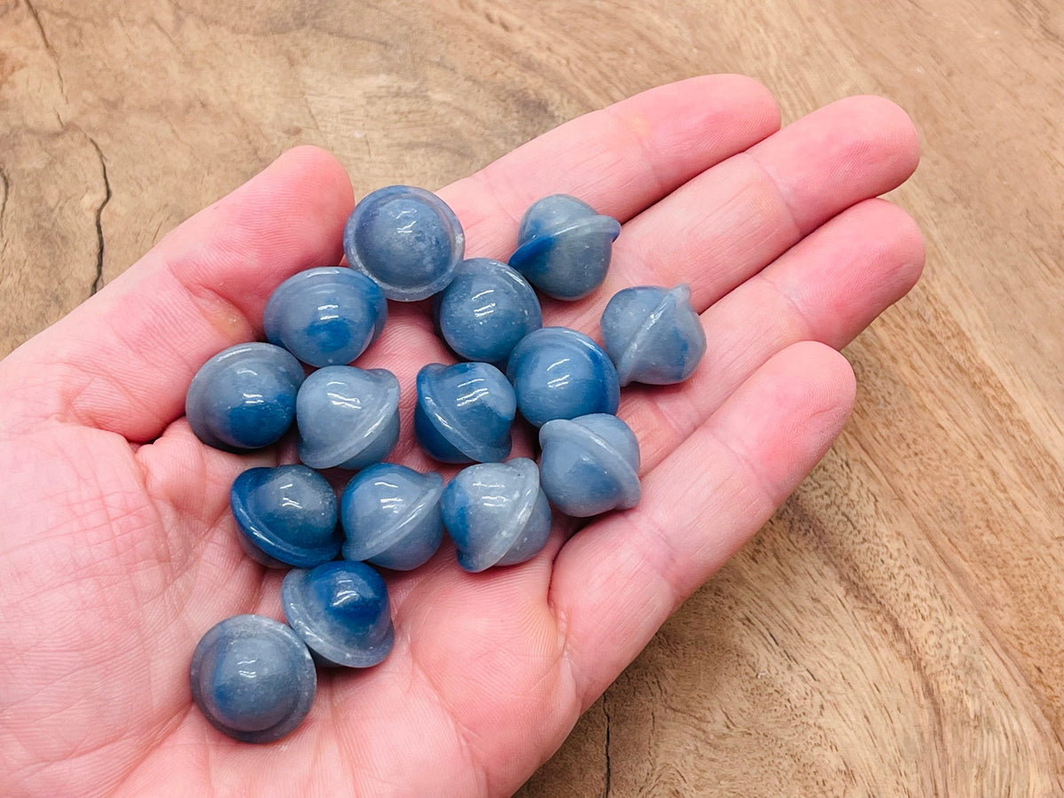 Blue aventurine Saturn crystal carved as a mini planetary gemstone, 18mm, showcasing detailed planetary features and smooth polished surface.