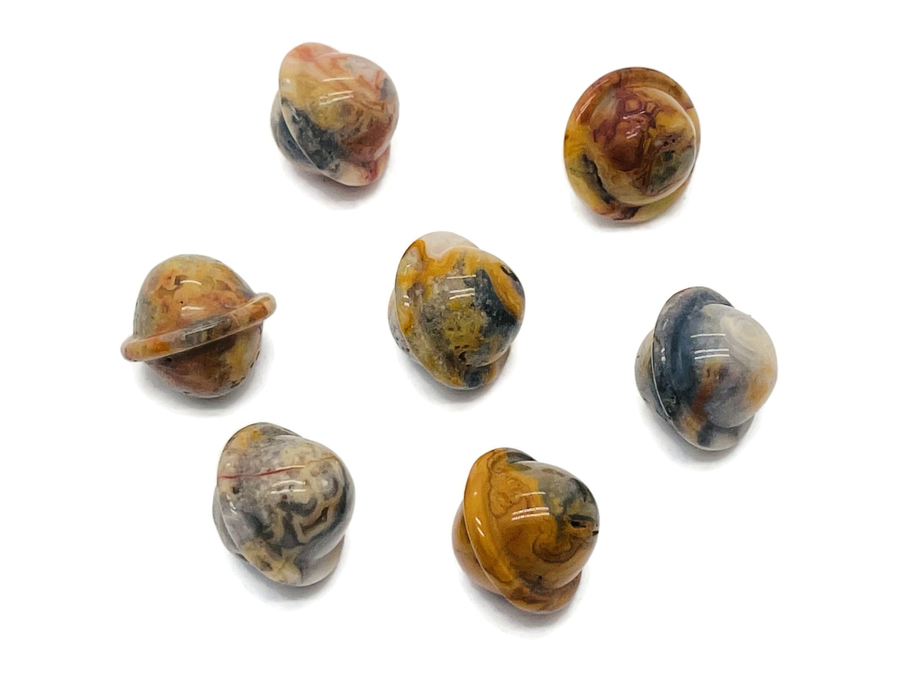 Mini Crazy Lace Agate Saturn crystal carved gemstone, 18mm, with detailed planetary design from GemstoneGO.