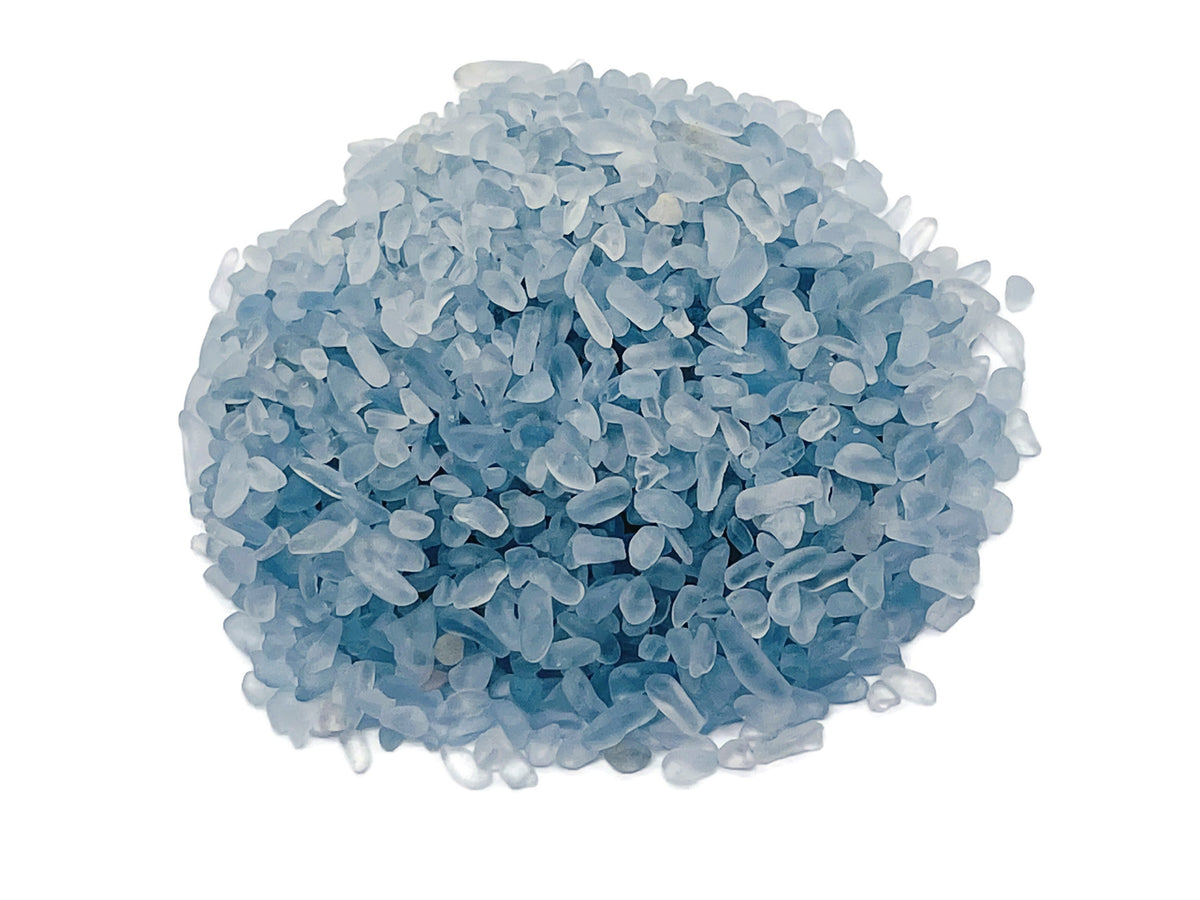 Semi-tumbled Celestite crystal chips in 2-6mm bulk stones, showcasing blue and white gemstone fragments from GemstoneGO.