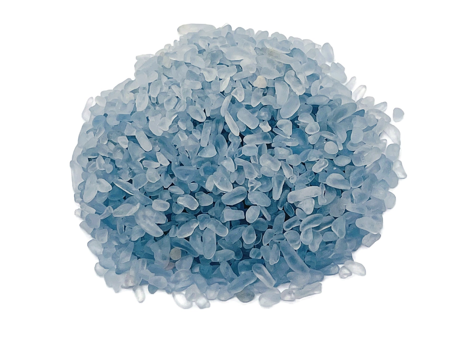 Semi-tumbled Celestite crystal chips in 2-6mm bulk stones, showcasing blue and white gemstone fragments from GemstoneGO.