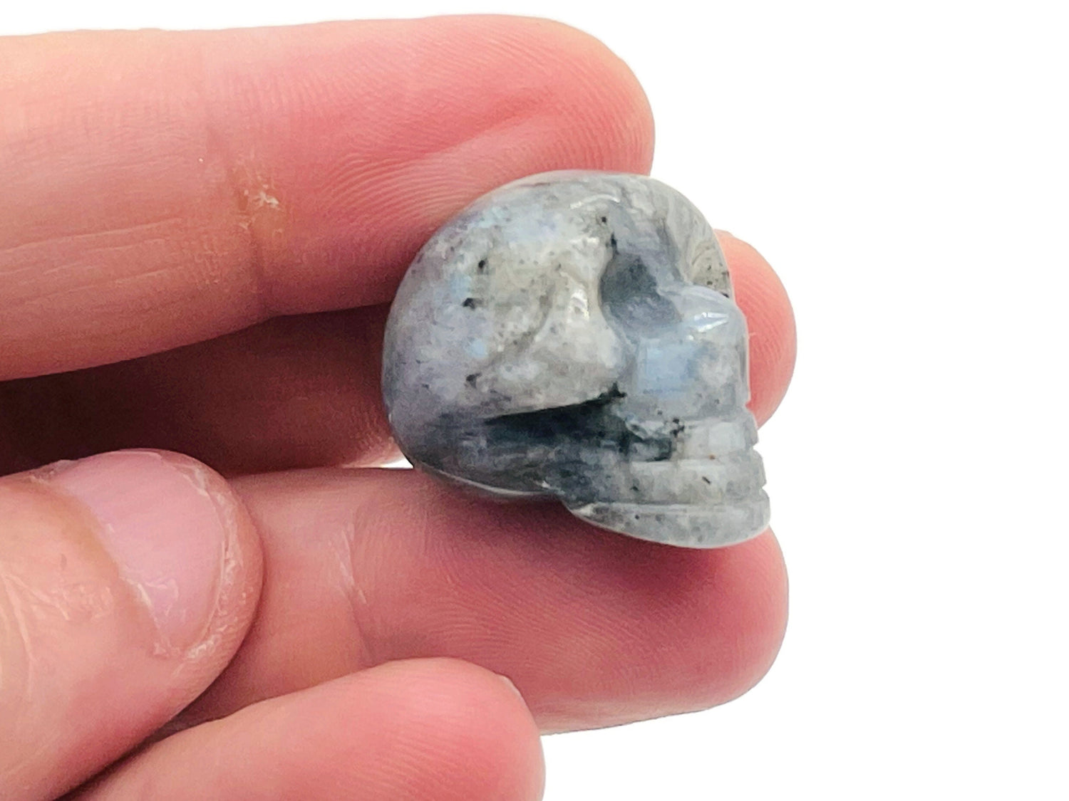Labradorite skull carved gemstone, 25mm, with iridescent blue and green flashes, displayed on a white background.