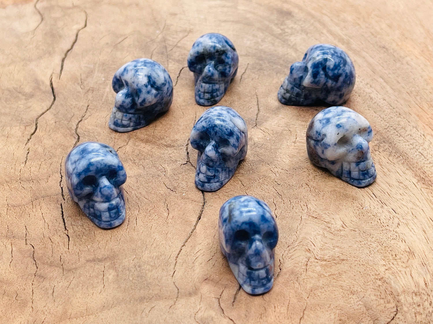 Blue Spot Jasper skull carved gemstone, 25mm, from GemstoneGO, showing detailed blue and beige mineral patterns on a white background.