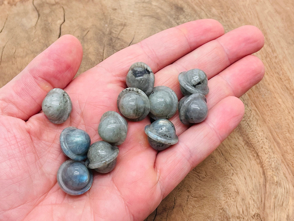 Mini Labradorite Saturn crystal carved gemstone, 18mm planet-shaped gem from GemstoneGO, showcasing iridescent labradorite hues.