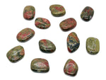 Unakite flat gemstone slab from GemstoneGO, showing vibrant green and pink mineral patterns on a smooth surface.