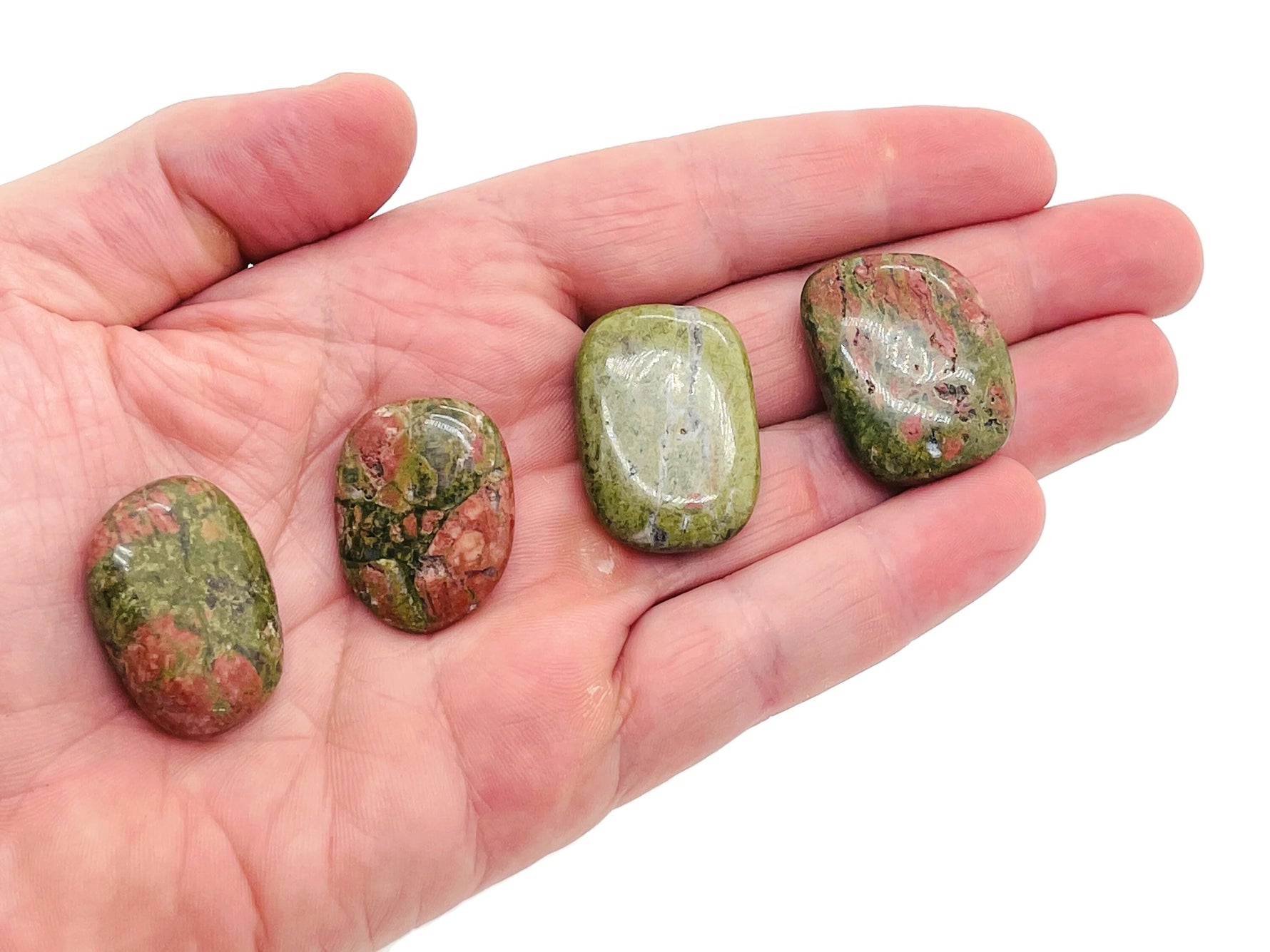 Unakite flat gemstone slab from GemstoneGO showing a smooth, polished green and pink mineral crystal with natural patterns.