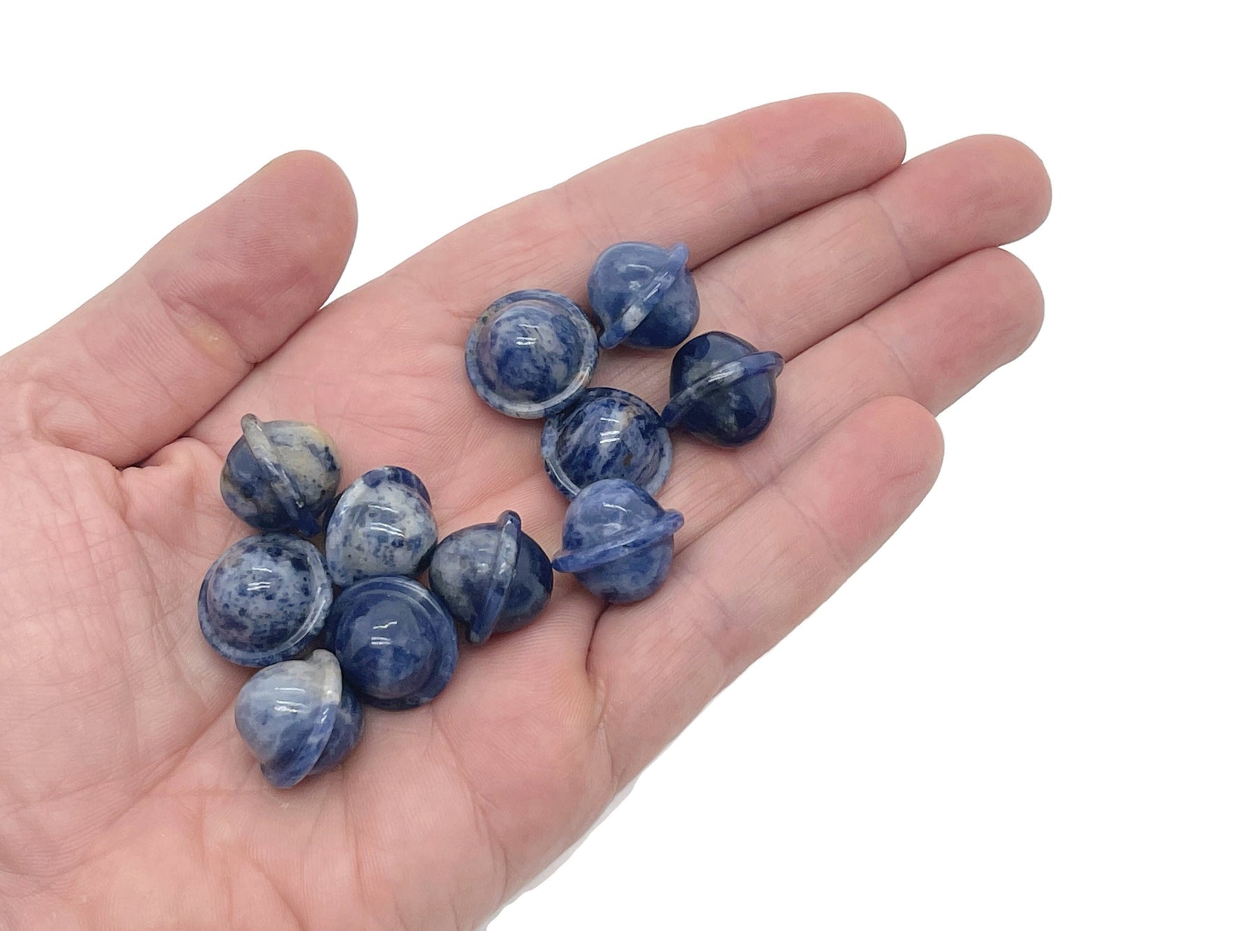 Mini Sodalite Saturn crystal carved gemstone, 18mm planet with blue and white patterns, by GemstoneGO.