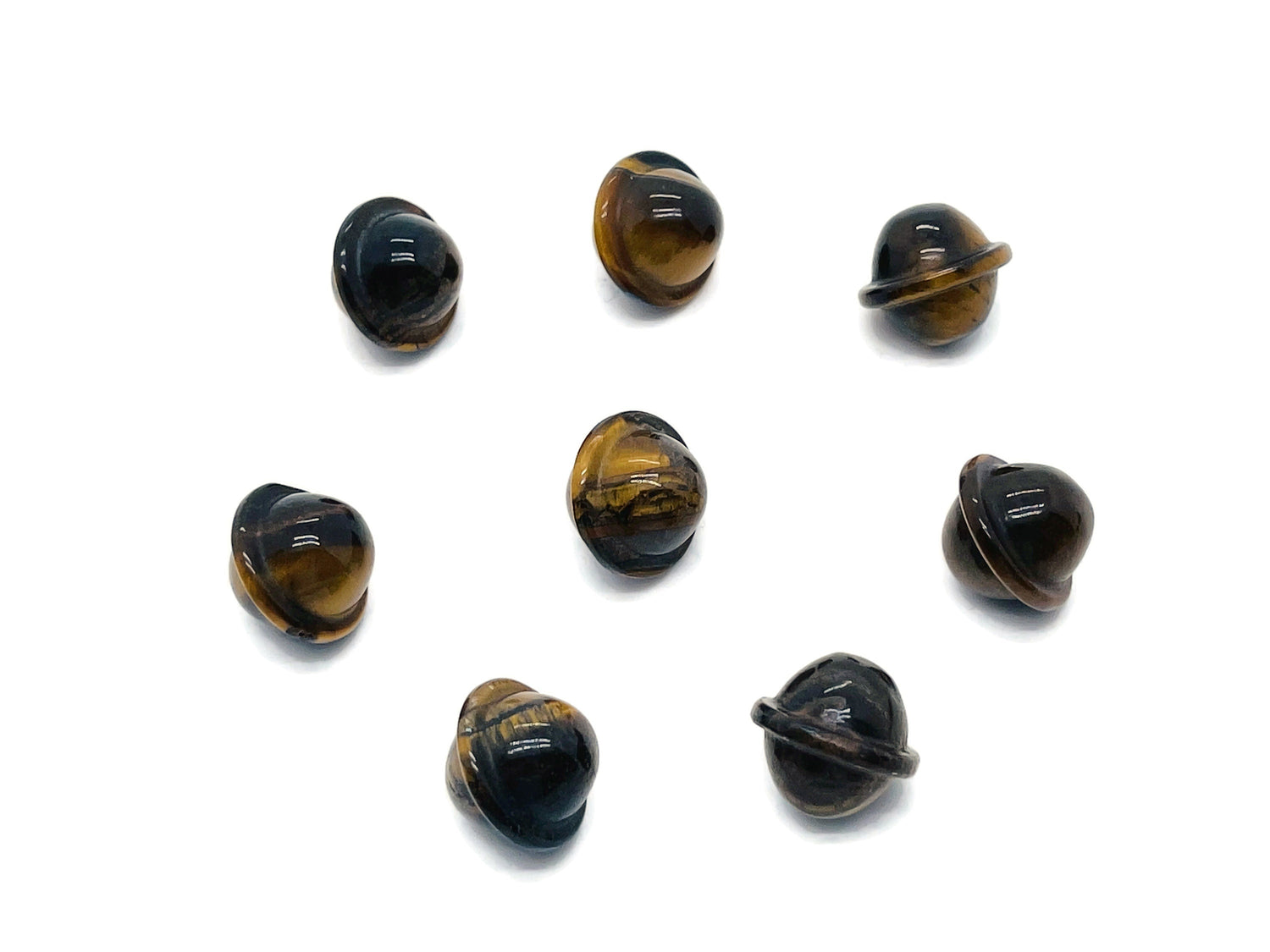 Mini Tiger Eye Saturn crystal gemstone carved as a planet, 18mm, from GemstoneGO, showcasing warm, polished tiger eye details.