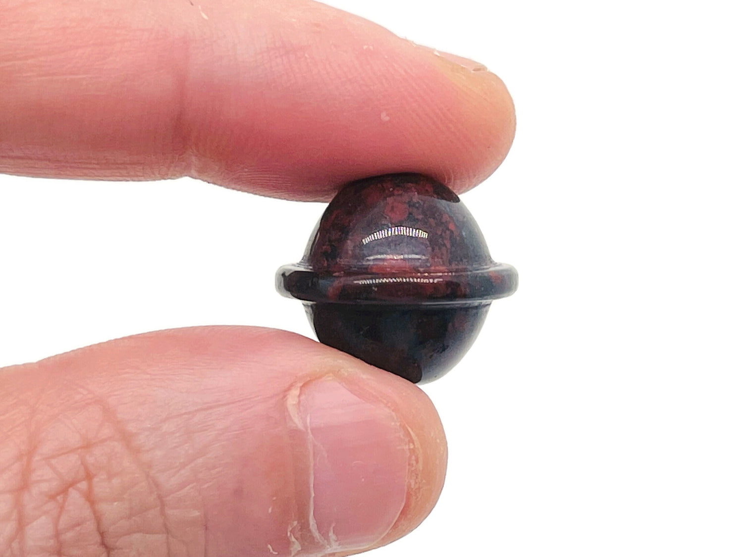 Mini 18mm Chicken Bloodstone Jasper Saturn crystal carved as a planet gemstone from GemstoneGO, featuring detailed planetary design.