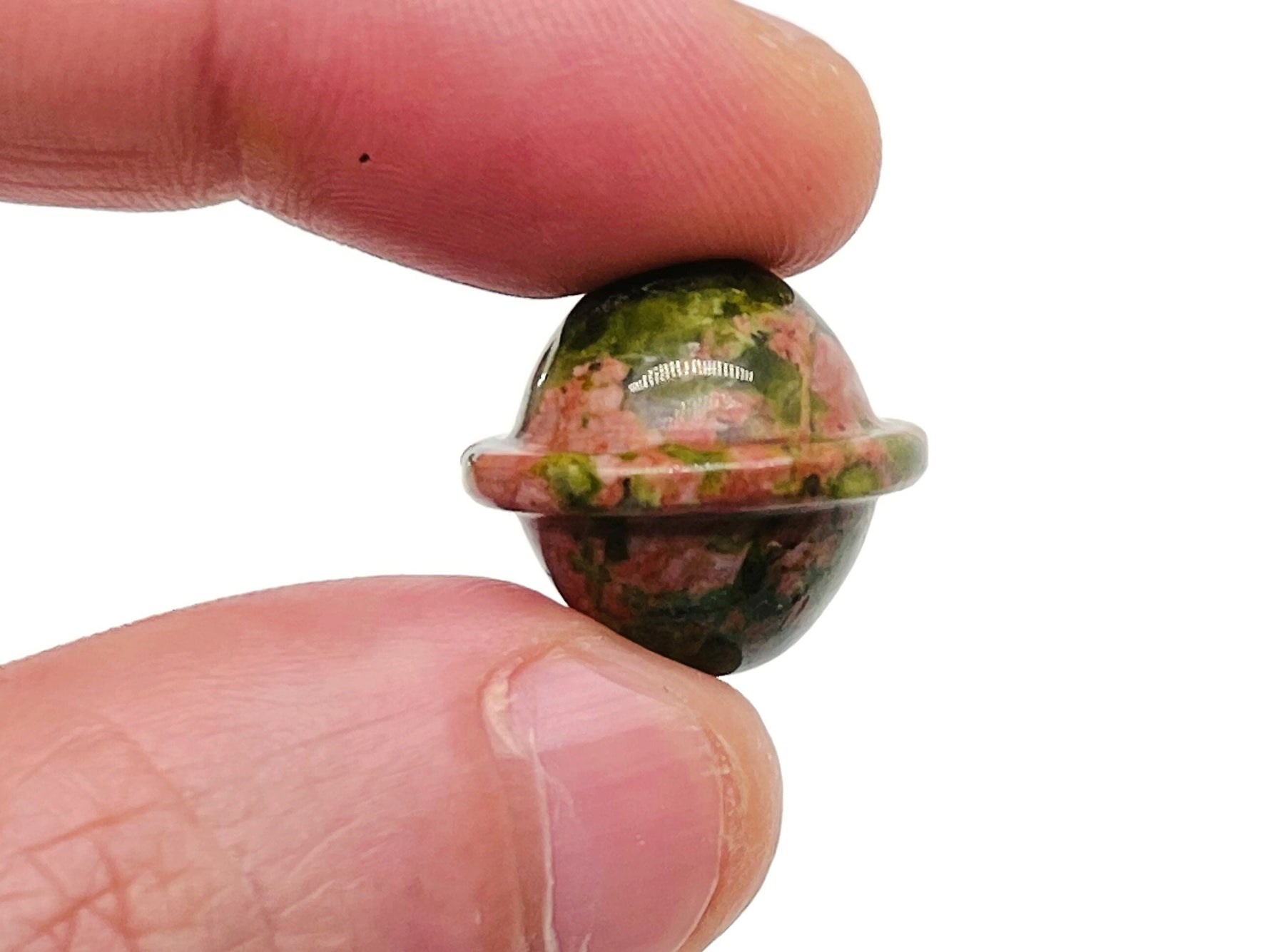Mini Unakite Saturn crystal carved gemstone, 18mm planet-shaped stone with green and pink hues, from GemstoneGO.