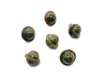 Mini Unakite Saturn crystal carved gemstone, 18mm planet-shaped gem from GemstoneGO, showcasing vibrant pink and green hues.