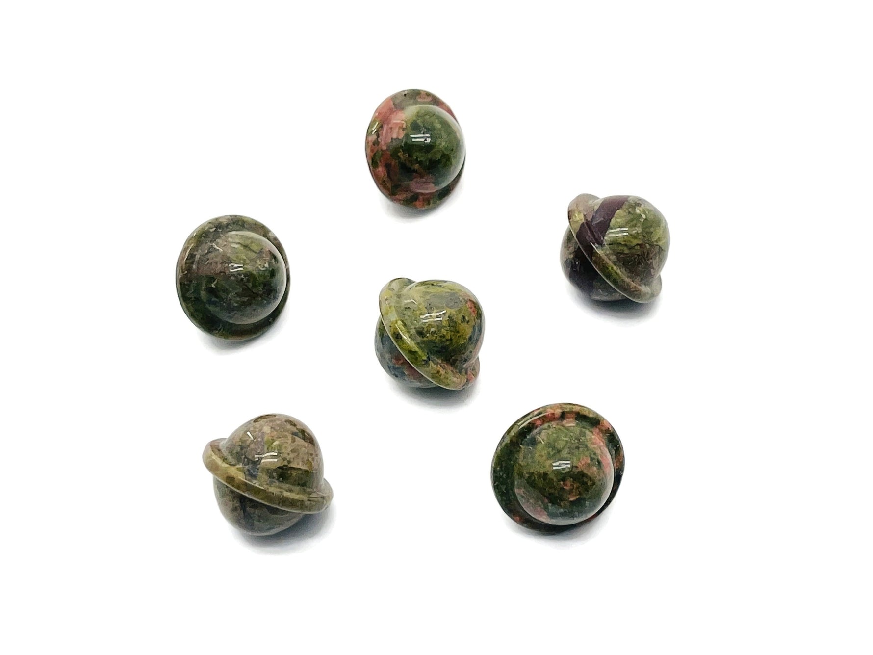 Mini Unakite Saturn crystal carved gemstone, 18mm planet-shaped gem from GemstoneGO, showcasing vibrant pink and green hues.