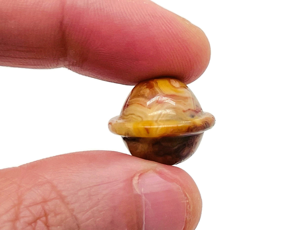 Mini Crazy Lace Agate Saturn crystal carved as a gemstone planet, 18mm, featuring detailed planetary design and vibrant lace patterns.