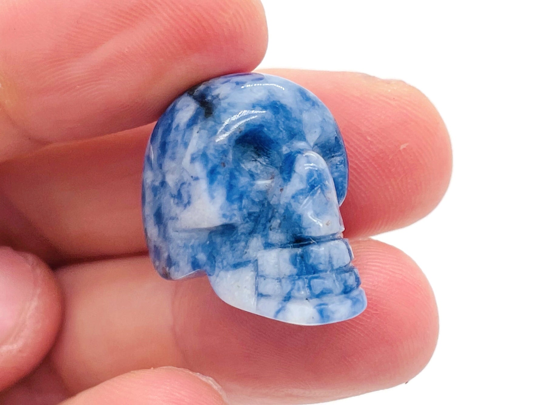 Blue Spot Jasper Skull carved gemstone, 25mm, showcasing intricate gemstone carving and vibrant blue spotted pattern.