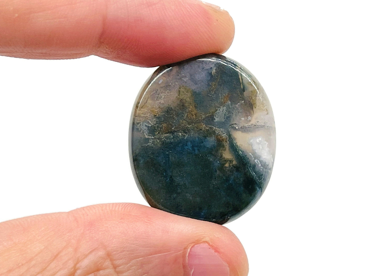 Moss agate flat gemstone slab with green and brown mineral patterns, measuring 30x25x7 mm, from GemstoneGO.