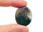 Moss agate flat gemstone slab with green and brown mineral patterns, measuring 30x25x7 mm, from GemstoneGO.
