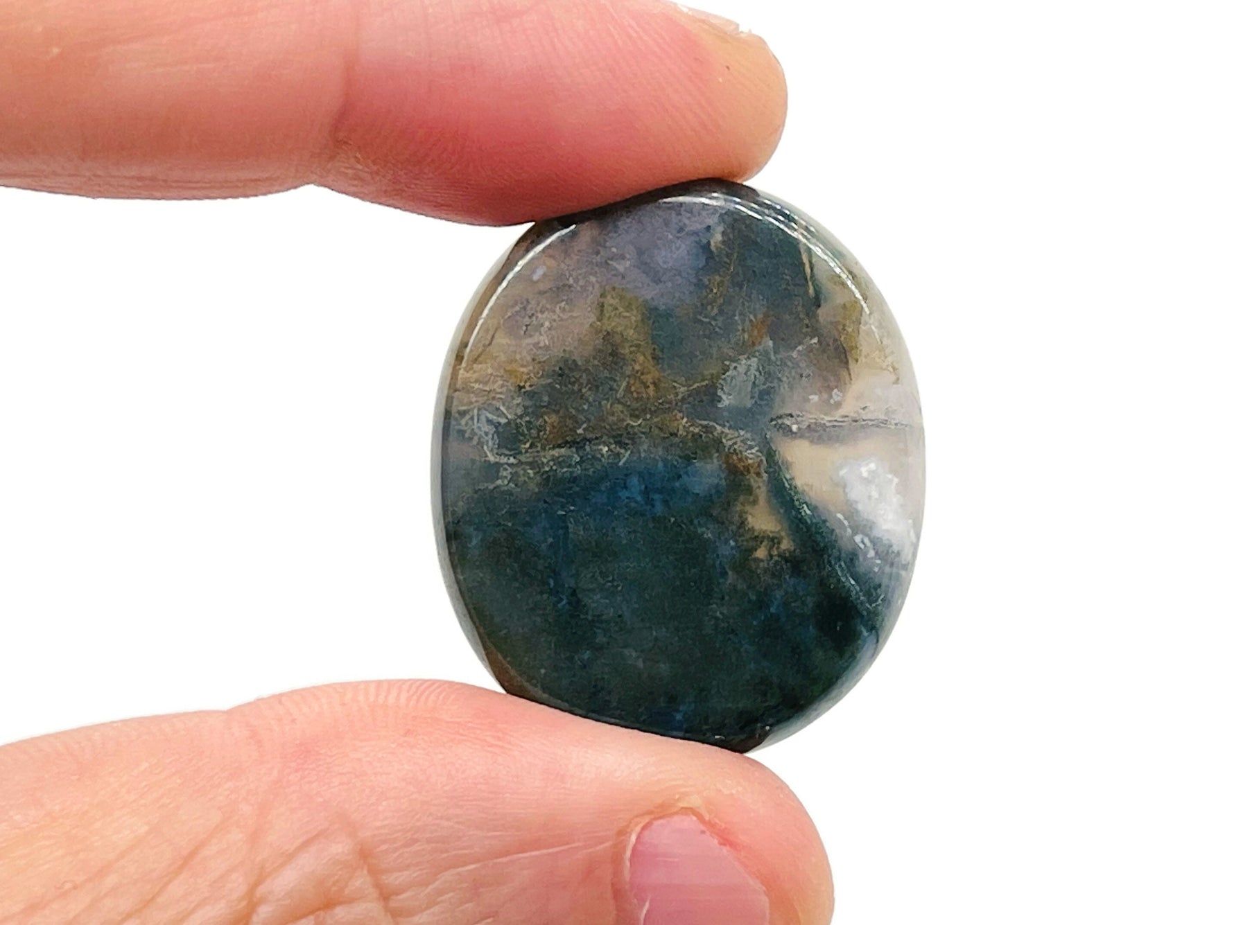 Moss agate flat gemstone slab with green and brown mineral patterns, measuring 30x25x7 mm, from GemstoneGO.