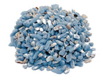 Semi-tumbled Angelite crystal chips in 5-7mm, showing smooth, blue-gray gemstone pieces ideal for jewelry or craft projects.