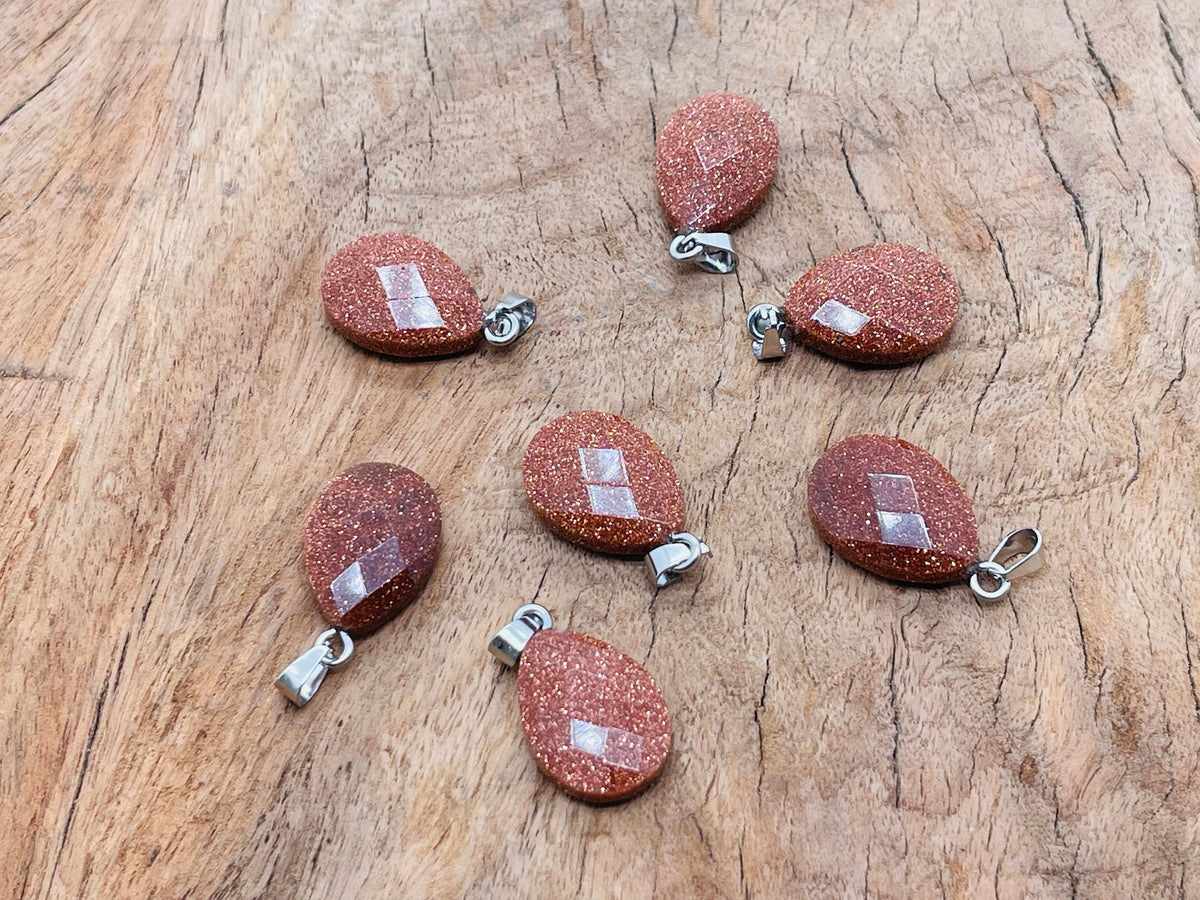 Goldstone crystal pendant, 20mm, jewelry making supply by GemstoneGO, featuring a shimmering gold-colored glass and mineral pendant.