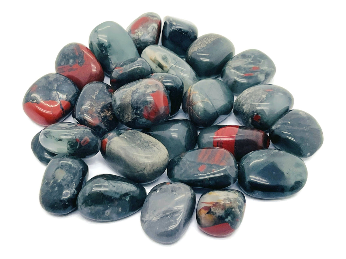 African Bloodstone tumbled gemstone from GemstoneGO, showing polished dark green stone with red bloodstone inclusions.