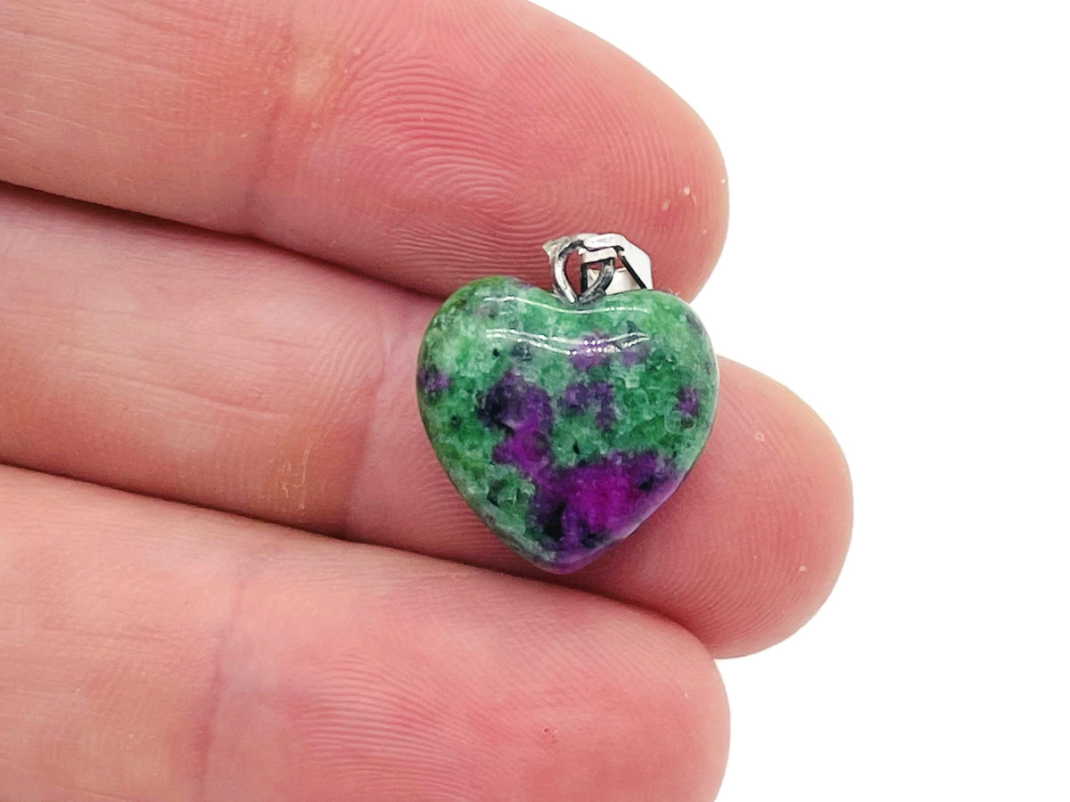 Ruby Zoisite heart pendant from GemstoneGO featuring a mini crystal design, showcasing vibrant red and green gemstone details.