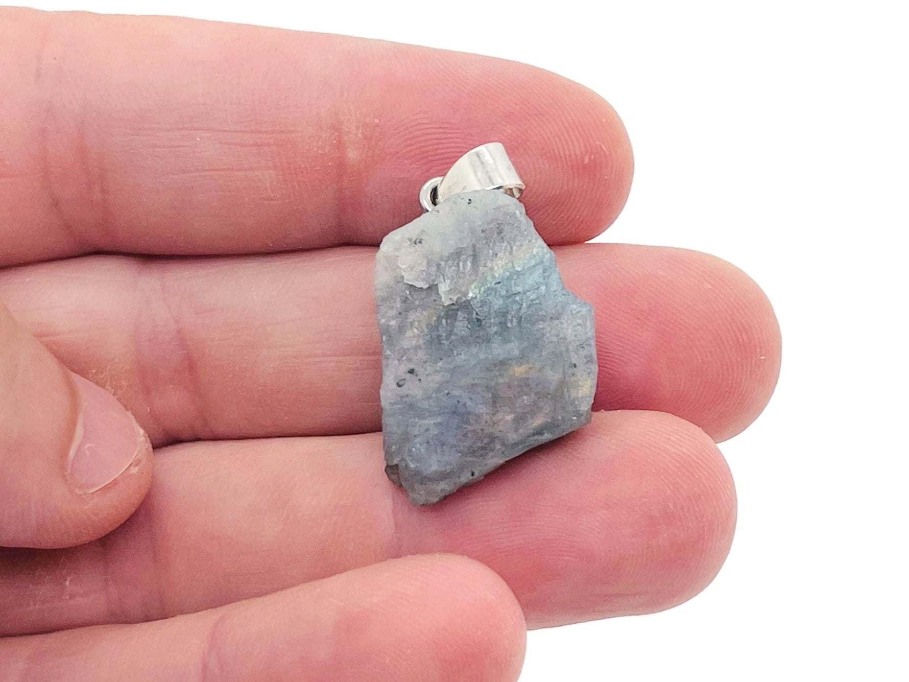 Labradorite crystal pendant from GemstoneGO featuring a polished, oval-shaped gemstone on a silver chain, showcasing iridescent colors.