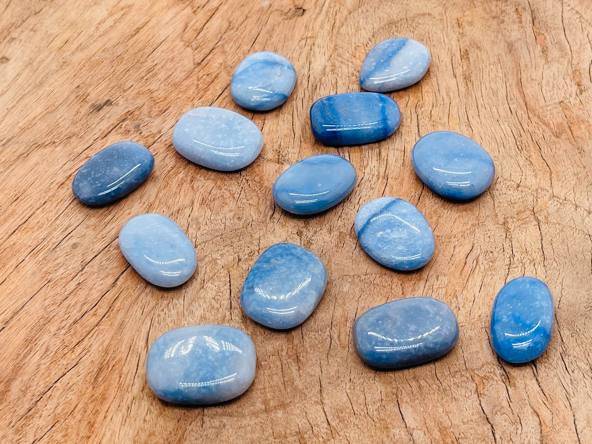 Blue aventurine flat gemstone slab from GemstoneGO, showcasing a smooth, polished blue crystal surface with natural stone patterns.