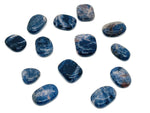 Sodalite flat gemstone slab from GemstoneGO, showing blue and white mineral patterns on polished crystal surface.