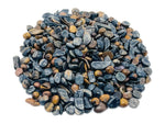Blue Tiger Eye crystal chips from GemstoneGO, semi-tumbled 5-7mm stones, vibrant blue and golden-brown gemstone bulk lot.