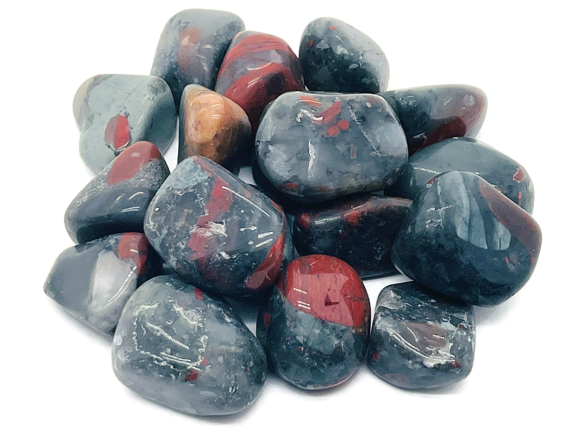 African Bloodstone tumbled gemstone from GemstoneGO, showing a smooth, polished dark green stone with red blood-like inclusions.