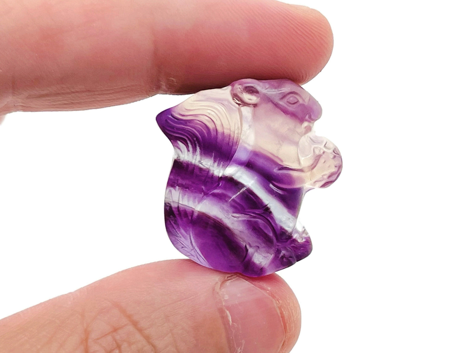 Fluorite gemstone squirrel carving by GemstoneGO, detailed multicolored stone sculpture of a squirrel for decorative display.