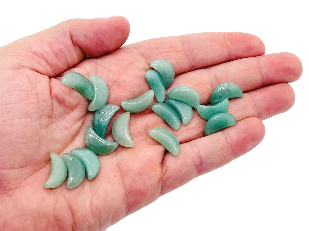 A 20mm Aventurine gemstone moon pendant from GemstoneGO, showcasing a smooth, polished green stone with natural patterns.