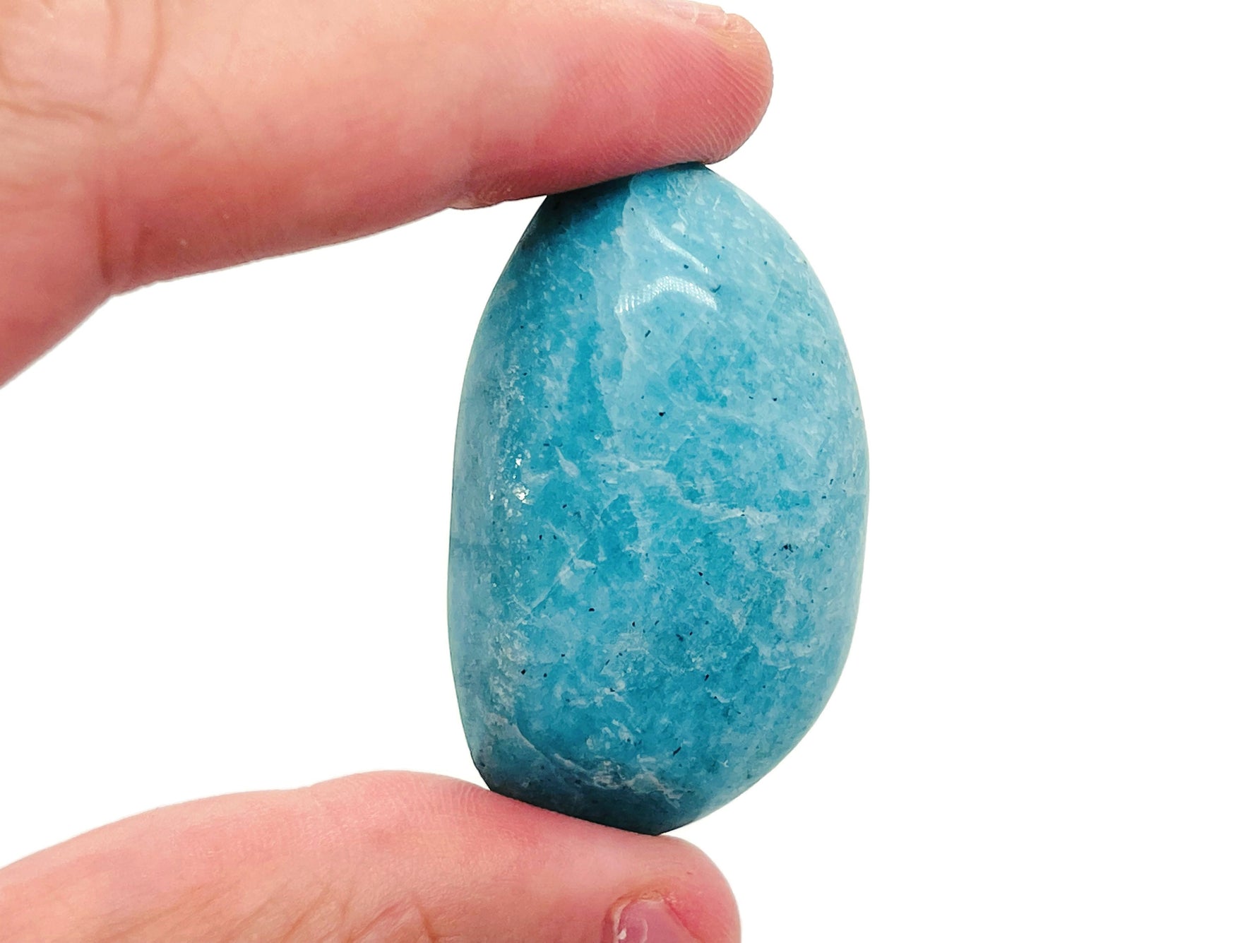 Amazonite palm gemstone spa stone by GemstoneGO, smooth blue-green natural gemstone for relaxation and massage.