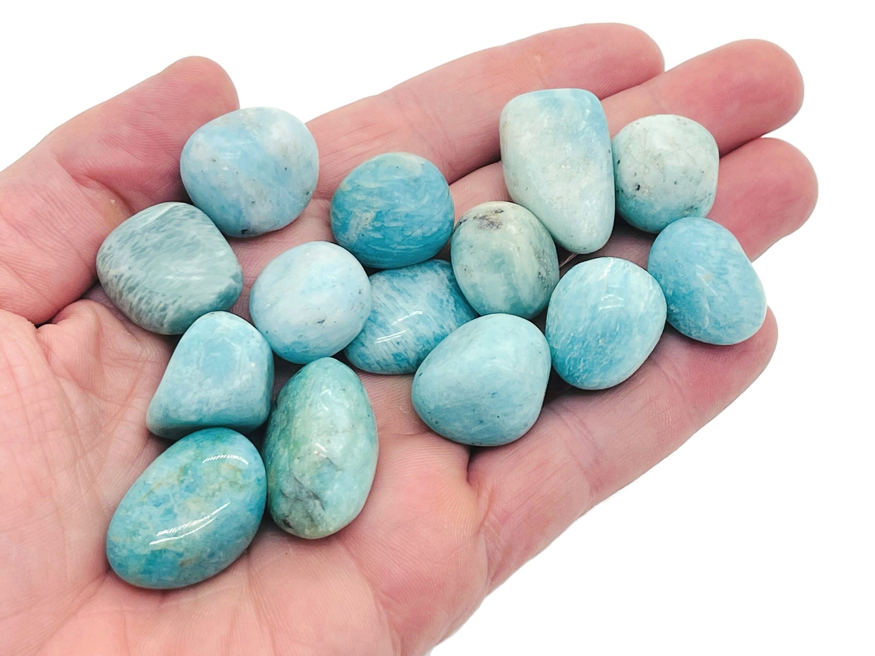 Polished Amazonite tumbled stone from GemstoneGO showing smooth, blue-green mineral with natural patterns and glossy finish.