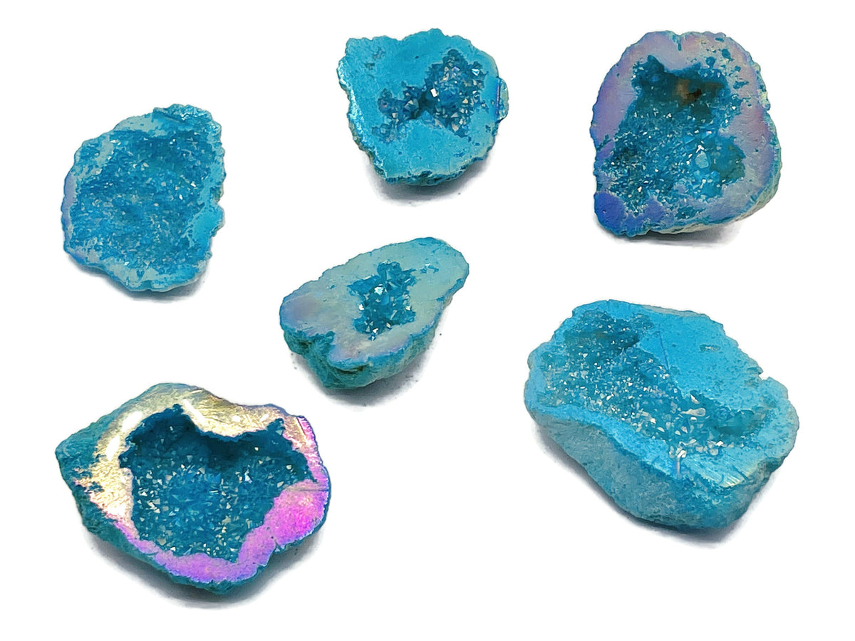 Blue Aura Oco Agate geode raw crystal from GemstoneGO showing vibrant blue and natural crystal formations on a plain background.