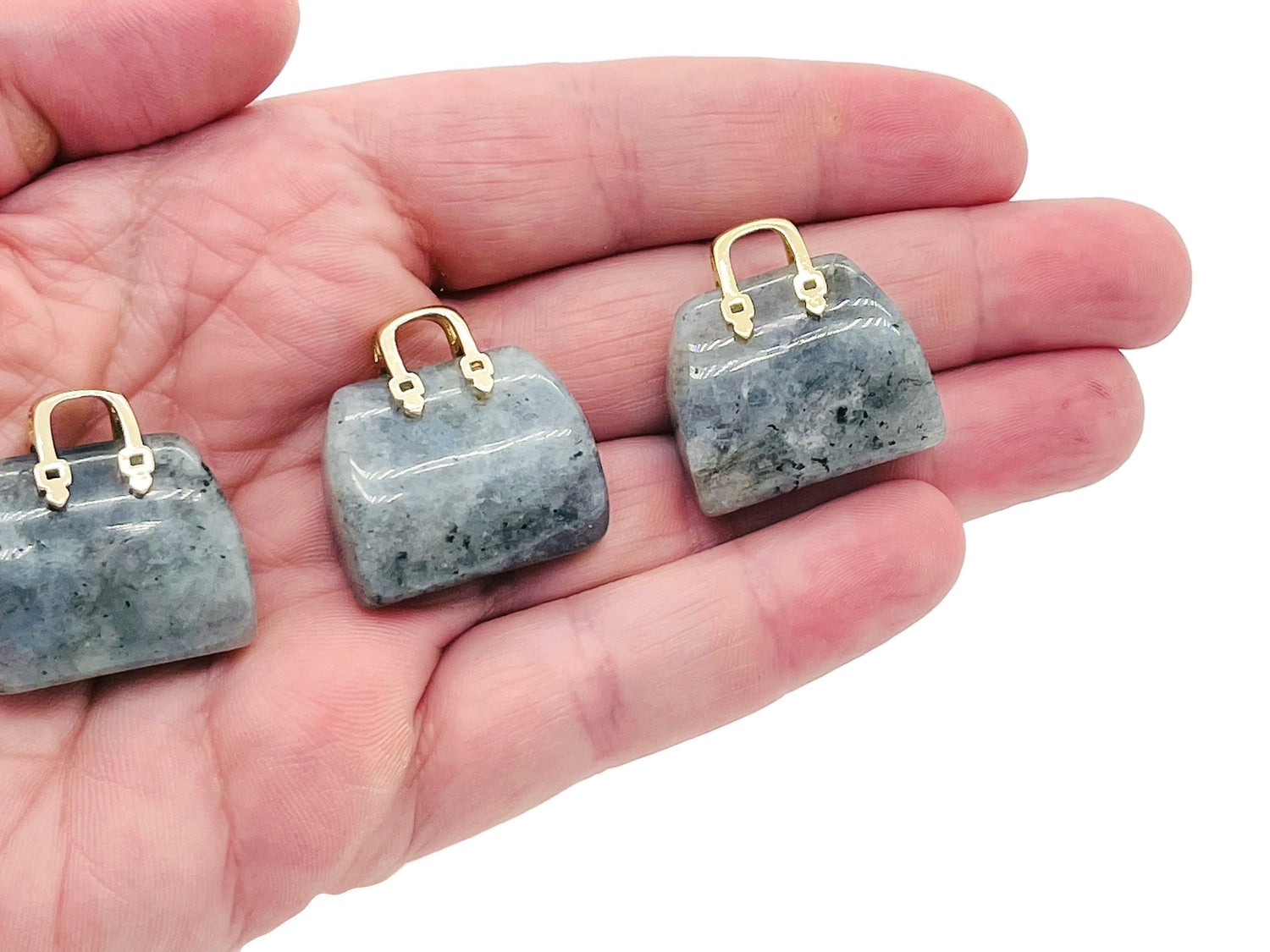 Labradorite crystal purse carving gemstone pendant with intricate handbag design, handcrafted by GemstoneGO