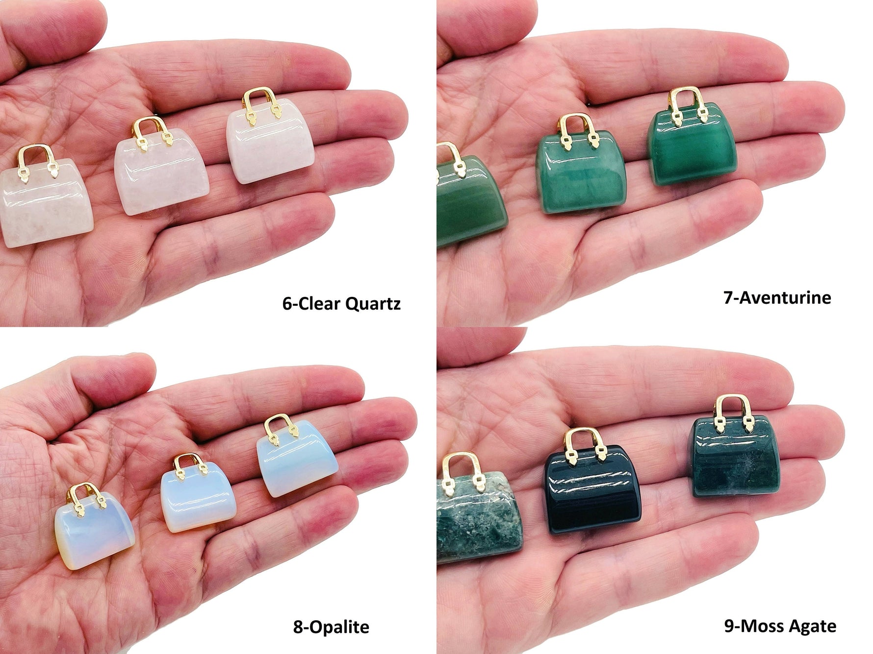 Crystal purse carving gemstone pendant from GemstoneGO featuring a detailed gemstone handbag design.