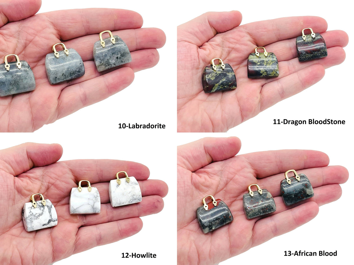 Crystal Purse Carving Gemstone pendant from GemstoneGO, featuring a detailed crystal handbag design on a silver chain.