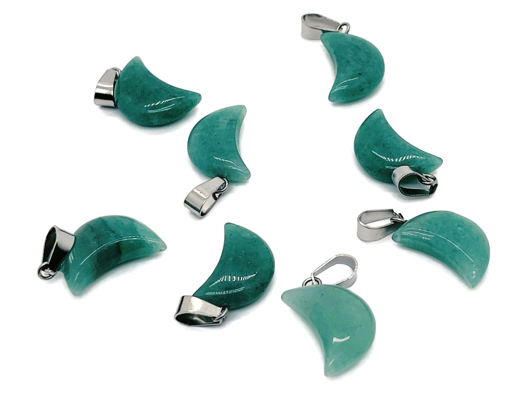 Aventurine moon pendant and earring set featuring green crystal gemstones, ideal for jewelry making and healing accessories.
