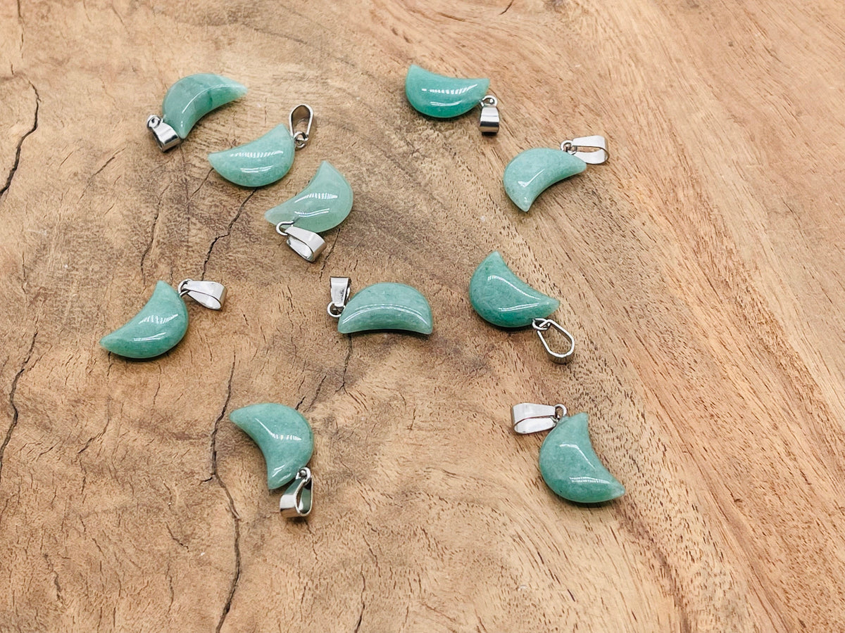 Aventurine moon pendant and earring set featuring green crystal gemstones, ideal for jewelry making and healing jewelry designs.