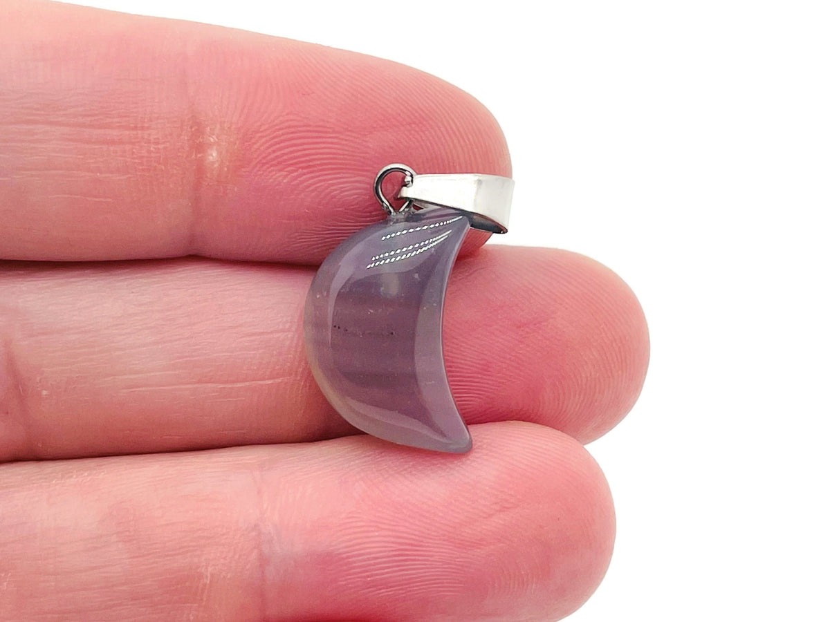 Grey agate moon crystal pendant from GemstoneGO, featuring a smooth, polished moon-shaped gemstone for jewelry making.