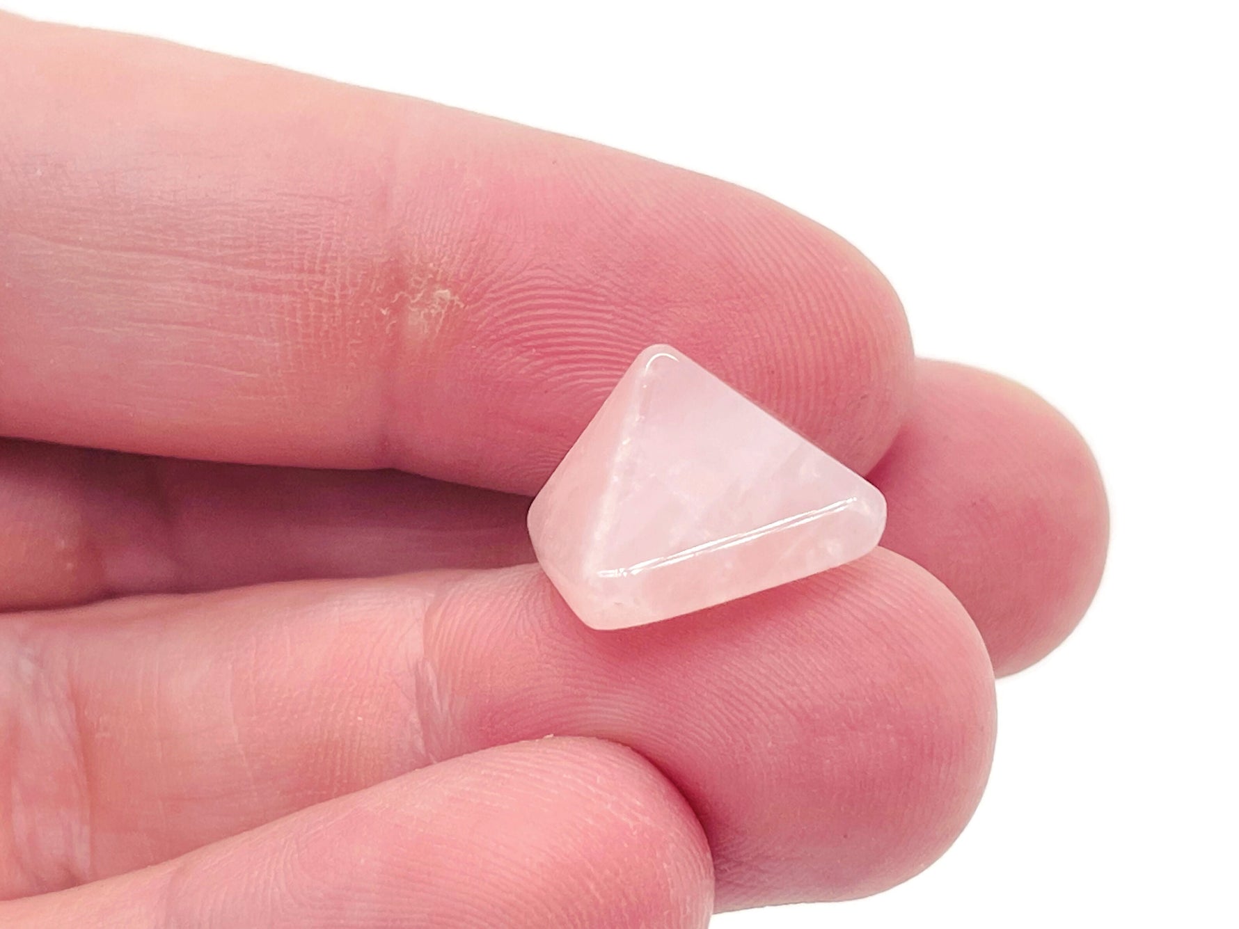 14mm rose quartz pyramid gemstone carving by GemstoneGO, showcasing a polished pink quartz pyramid with natural gemstone details.