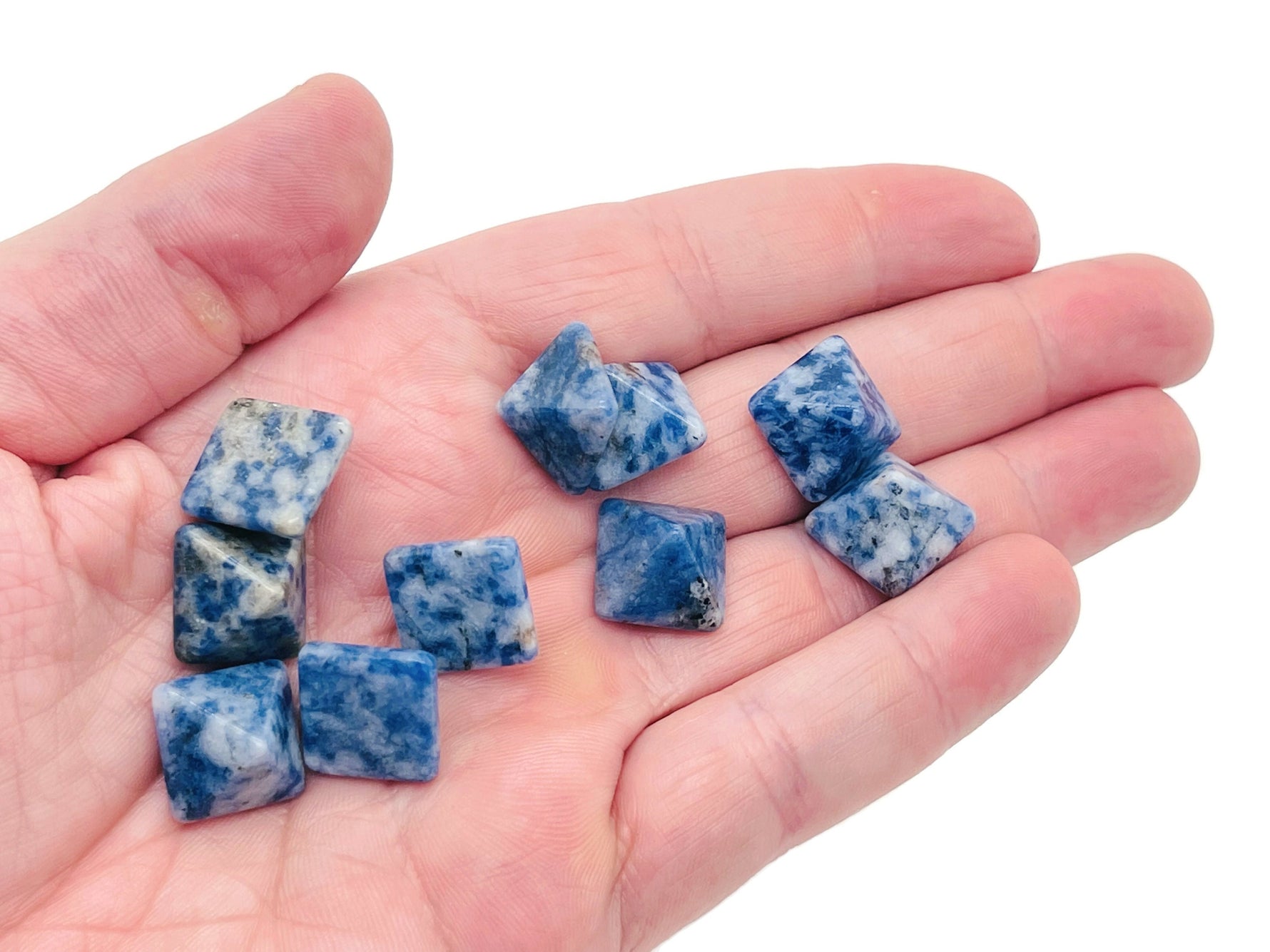 Blue Spot Jasper pyramid gemstone carving, 14mm, from GemstoneGO, showcasing the vibrant blue and natural stone patterns.