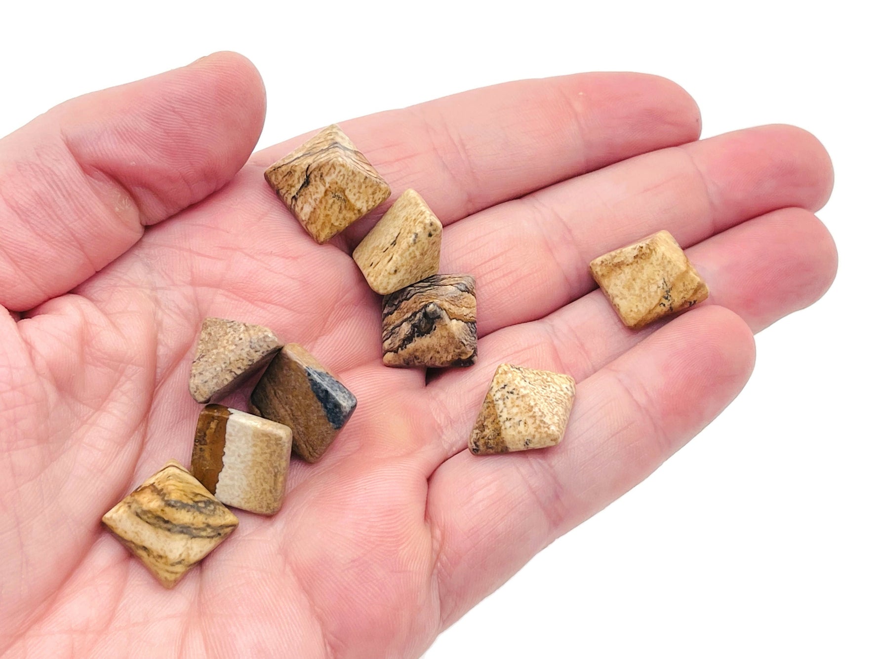 14mm Picture Jasper pyramid gemstone carving by GemstoneGO, detailed natural stone with earthy tones and polished finish.