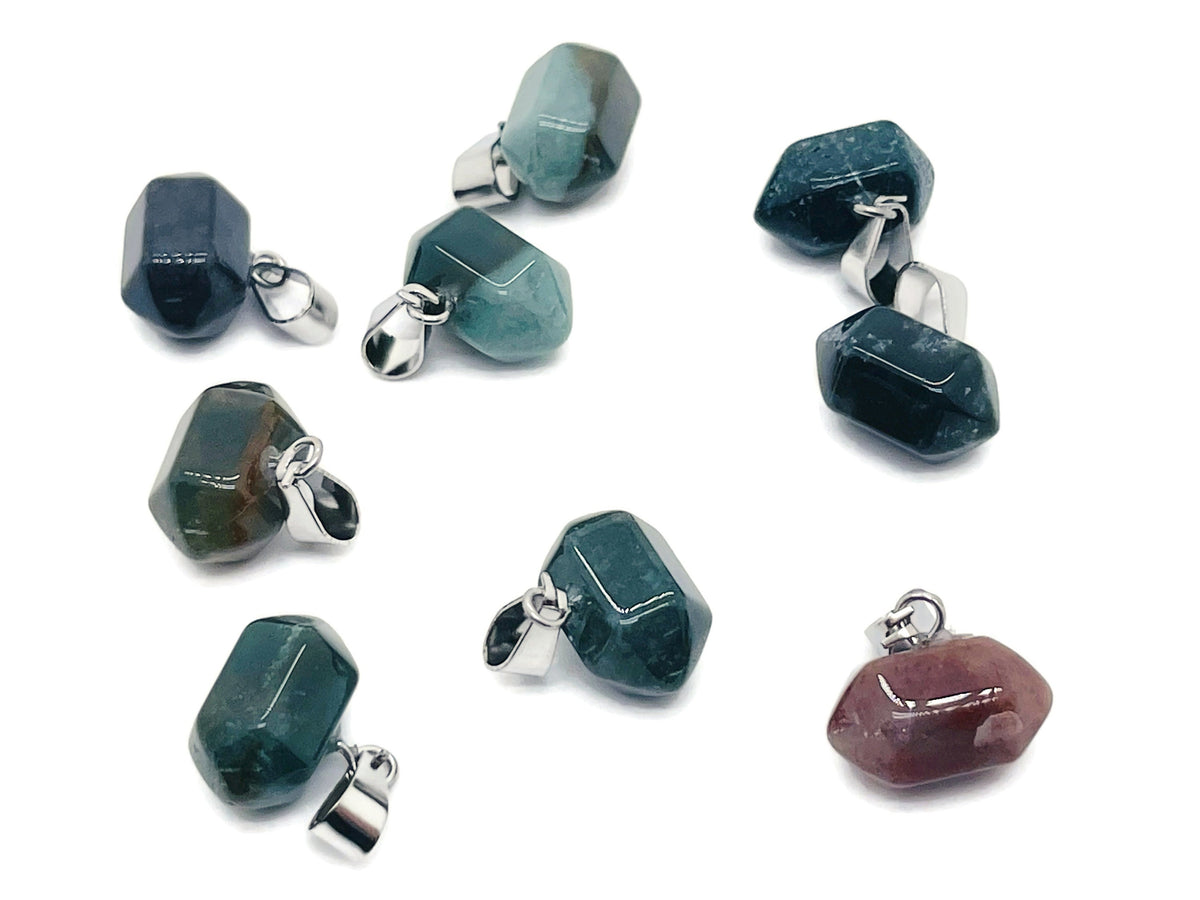 Moss Agate point crystal pendant from GemstoneGO, natural stone jewelry making supply with green and brown mineral patterns.