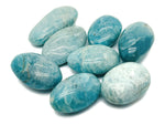 Amazonite palm gemstone spa stone from GemstoneGO, smooth green-blue healing stone for relaxation and massage therapy.