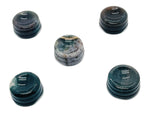 Moss agate crystal sphere on carved gemstone stand, decorative home decor piece showcasing natural stone patterns.