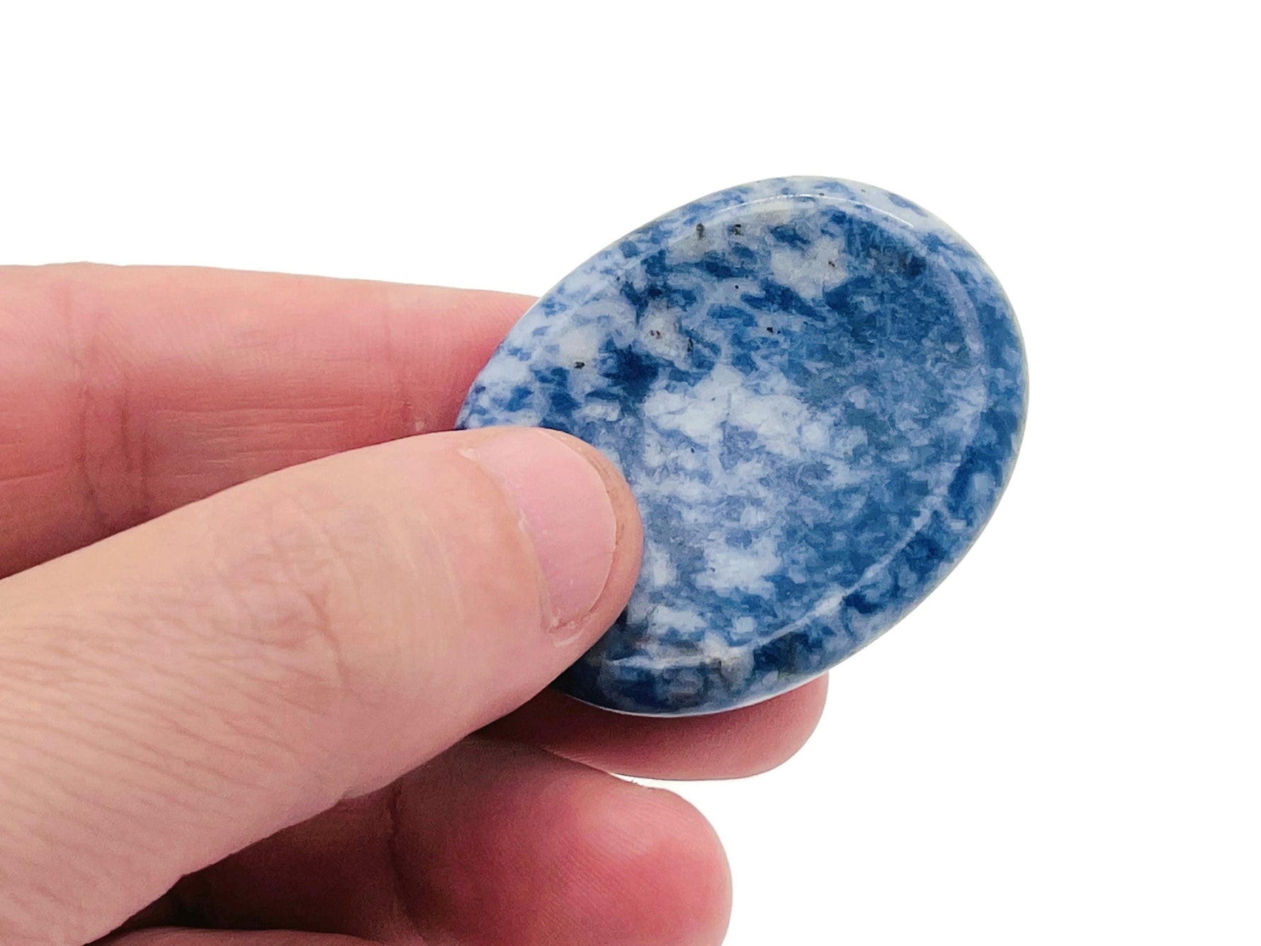 Blue Spot Jasper worry stone from GemstoneGO, 4.5x3.5cm, featuring smooth polished surface and calming blue spots.
